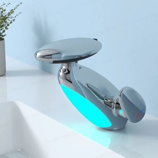 Rotating Creative Faucet with Four Levels of Water Outlet Ambient Light Hot and Cold Faucets Bathroom Sink Faucet